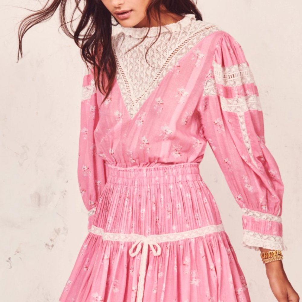 LOVESHACKFANCY PINK VIOLA WHITE TRIM DRESS